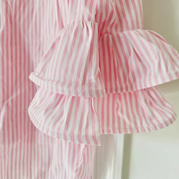 Italian 100% Cotton By Coco Pink White Striped Ruffle Button Up Shirt Size L/XXL - Picture 9 of 15